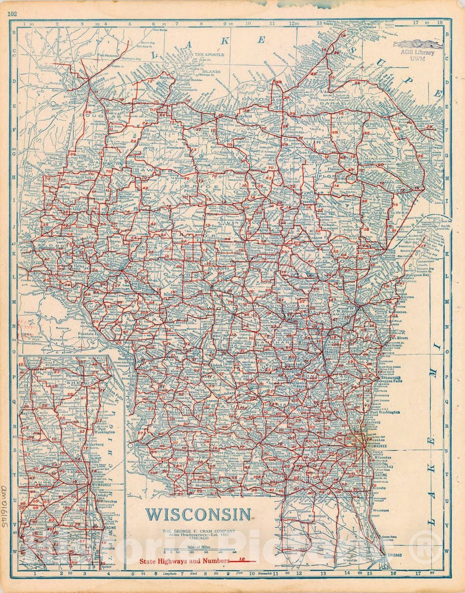 Map : Wisconsin 1915 1, Wisconsin , Antique Vintage Reproduction