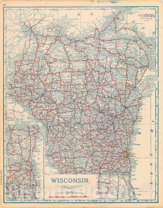 Map : Wisconsin 1915 1, Wisconsin , Antique Vintage Reproduction