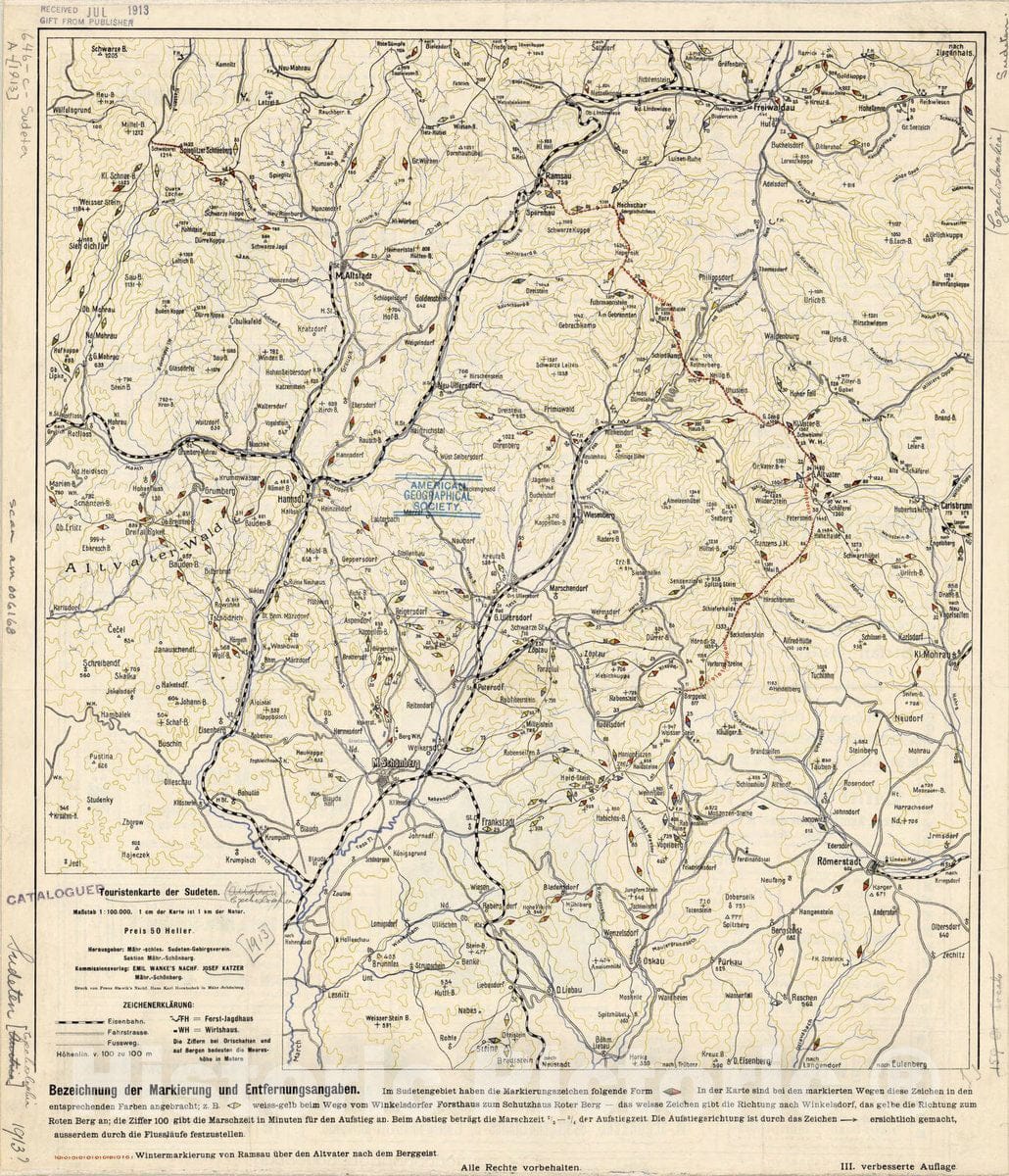 Map : Sudeten 1913, Touristenkarte der Sudeten , Antique Vintage Reproduction