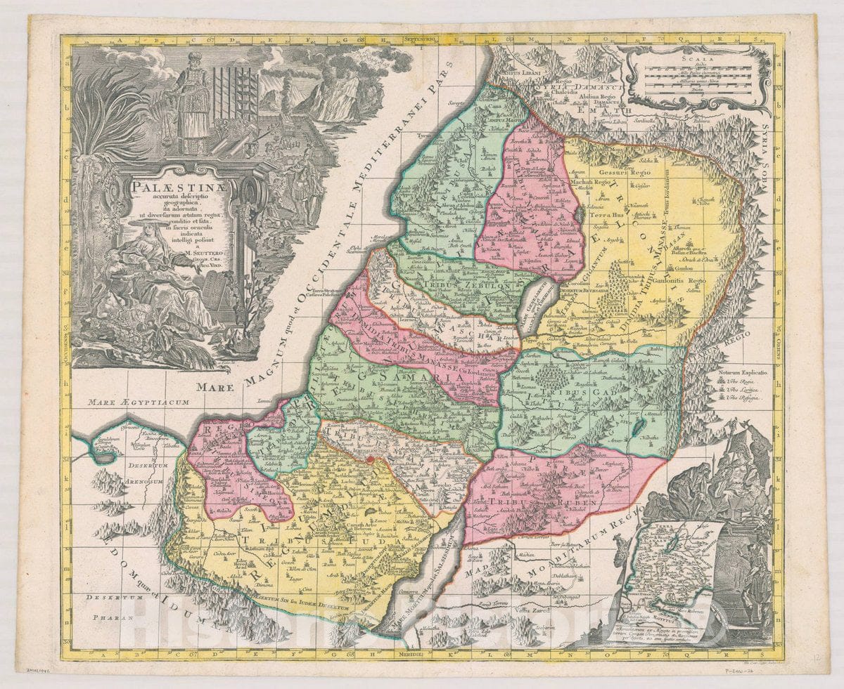 Map : Holy Land Maps #114, Palaestinae accurata descriptio geographica, ita adornata ut diversarum aetatum regna conditio et fata, Antique Vintage Reproduction