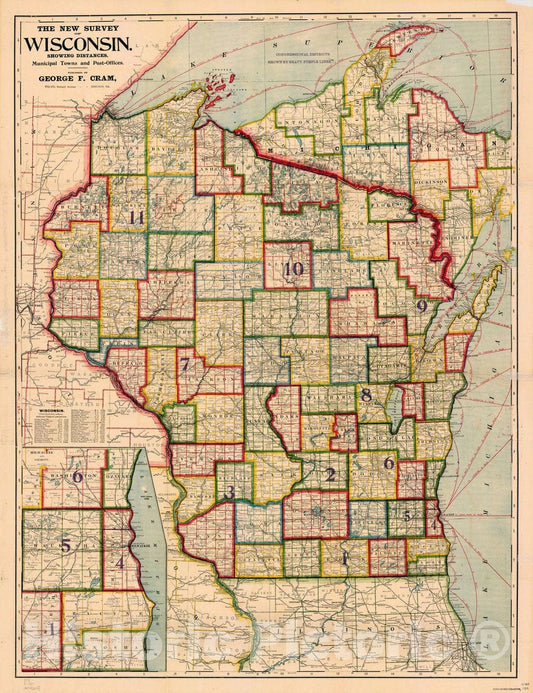 Map : Wisconsin 1900 1, The new survey of Wisconsin : showing distances, municipal towns and post-offices , Antique Vintage Reproduction