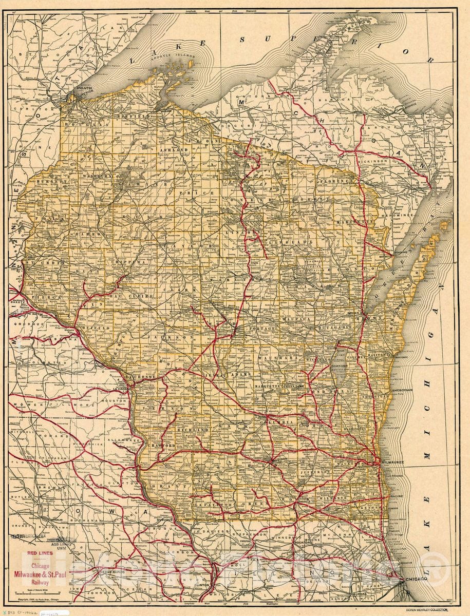 Map : Wisconsin 1906, Red lines, Chicago, Milwaukee, & St. Paul railway , Antique Vintage Reproduction
