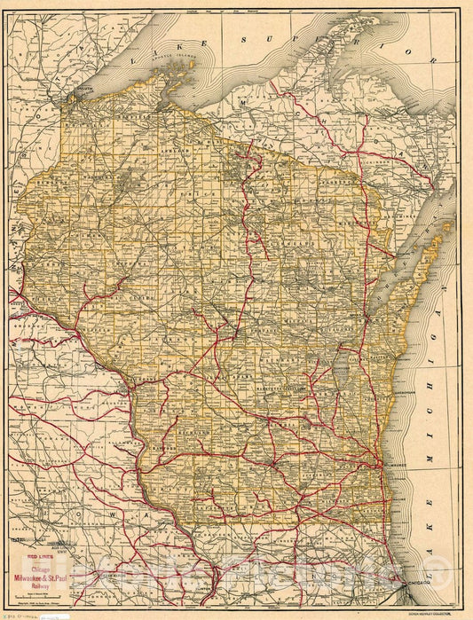 Map : Wisconsin 1906, Red lines, Chicago, Milwaukee, & St. Paul railway , Antique Vintage Reproduction
