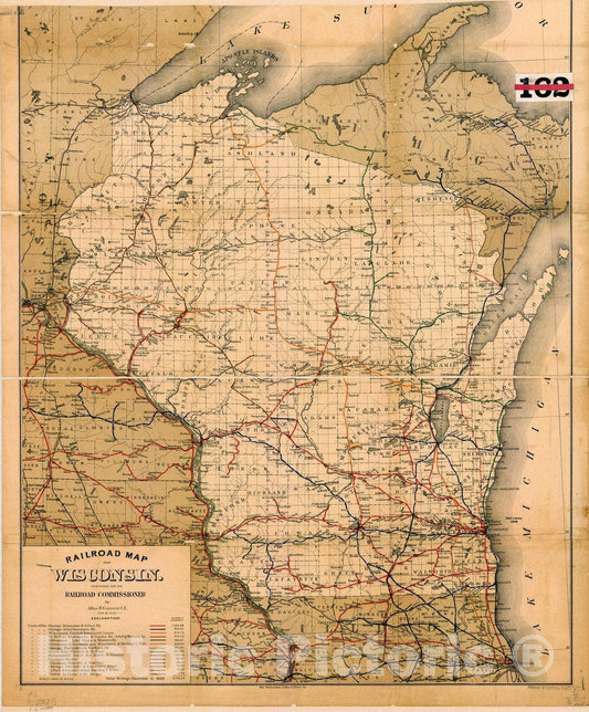 Map : Wisconsin 1887, Railroad map of Wisconsin , Antique Vintage Reproduction