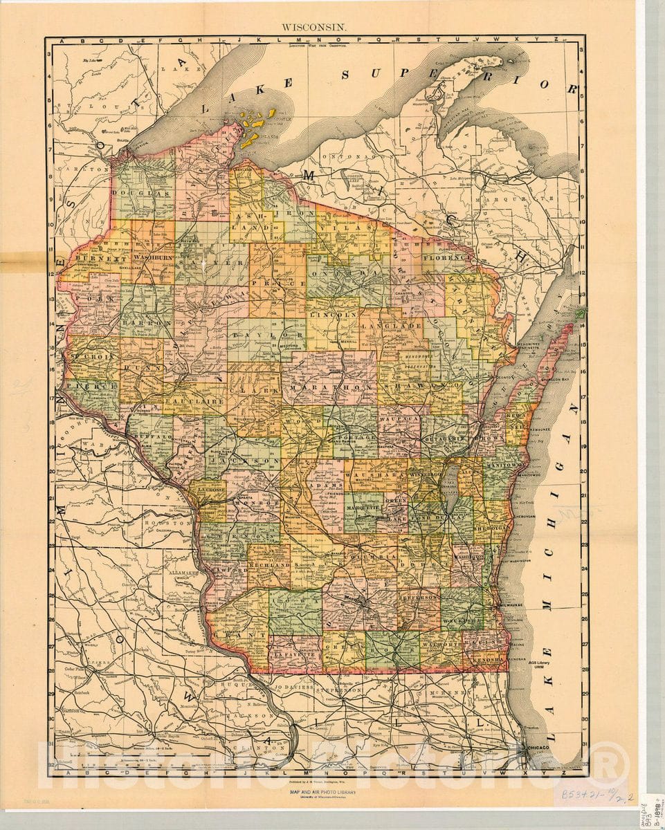 Map : Wisconsin 1898 1, Wisconsin, Antique Vintage Reproduction