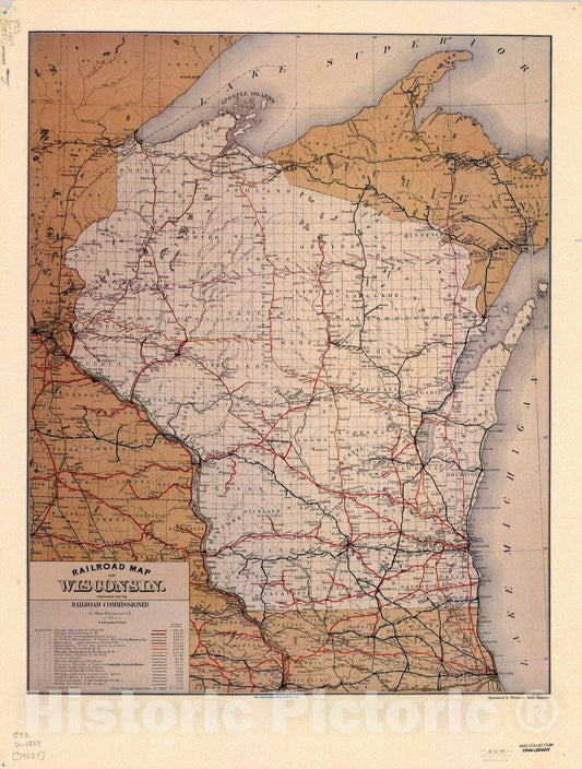 Map : Wisconsin 1887 1988?, Railroad map of Wisconsin prepared for the railroad commissioner by Allan D. Conover C.E., Antique Vintage Reproduction