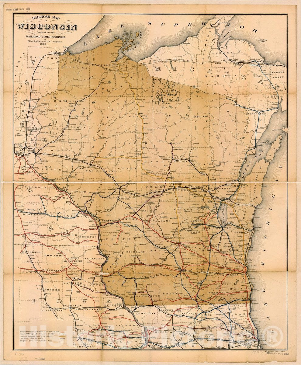 Map : Wisconsin 1881, Railroad map of Wisconsin , Antique Vintage Reproduction