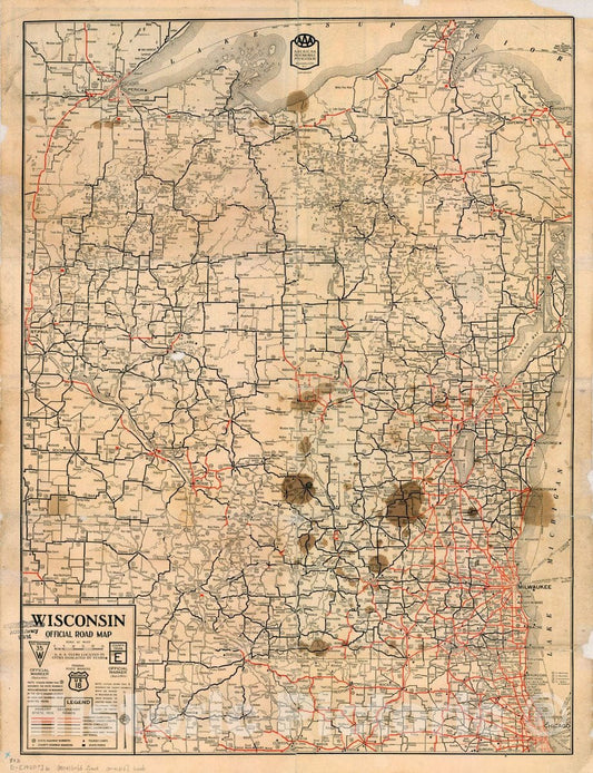 Map : Wisconsin 1920, AAA Wisconsin road map, official , Antique Vintage Reproduction