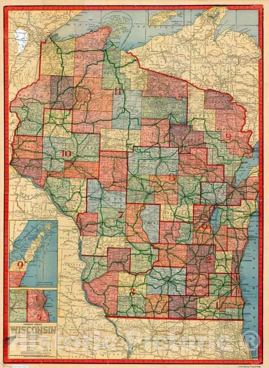 Map : Wisconsin 1913, Latest complete automobile road map and railroad, distance, and index map of Wisconsin , Antique Vintage Reproduction