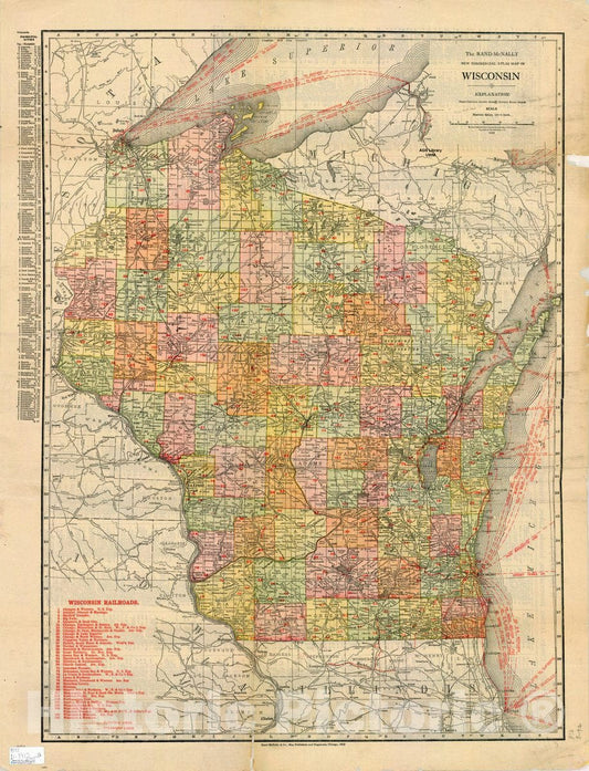 Map : Wisconsin 1912, The Rand McNally new commercial atlas map of Wisconsin , Antique Vintage Reproduction