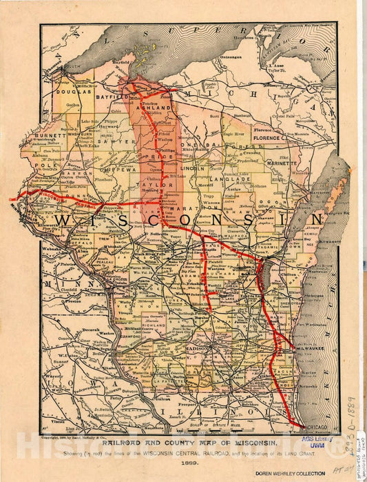 Map : Wisconsin 1889, County and railroad map of Wisconsin , Antique Vintage Reproduction