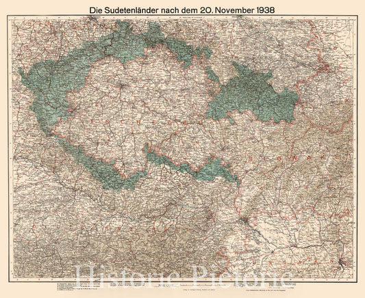 Map : Sudetenland (Czech Republic) 1938, Die Sudetenlander nach dem 20. November 1938., Antique Vintage Reproduction