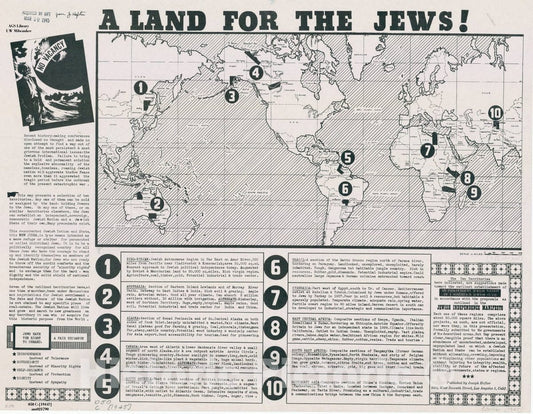 Map : World 1944, A Land for the Jews! , Antique Vintage Reproduction