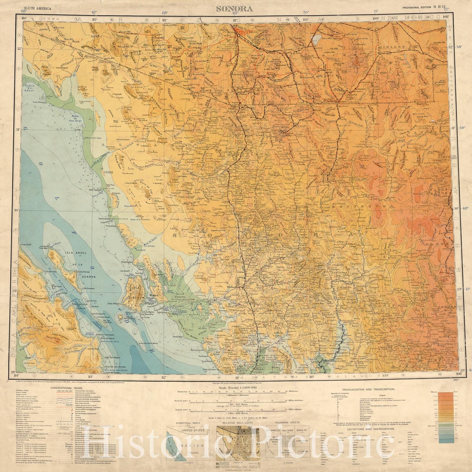Map : Sonora, Mexico and the United States 1937, Map of Hispanic America, Antique Vintage Reproduction
