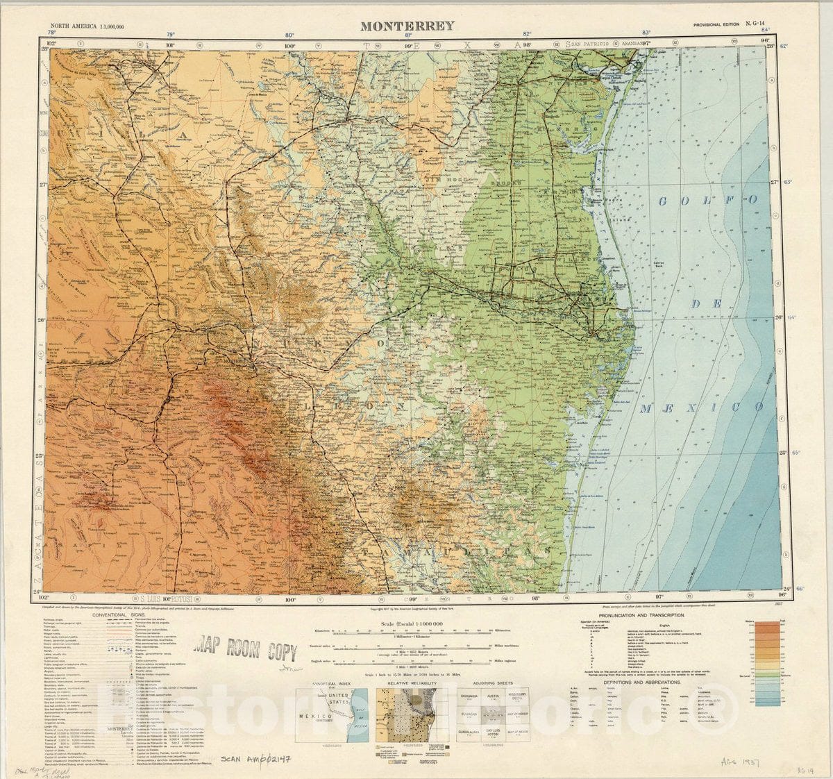 Map : Monterrey, Mexico 1937, Map of Hispanic America, Antique Vintage Reproduction
