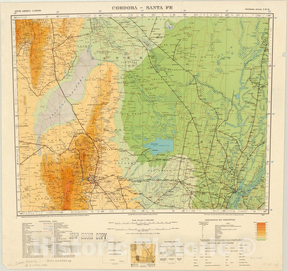 Map : Cordoba-Sante Fe, Argentina 1935, Map of Hispanic America, Antique Vintage Reproduction