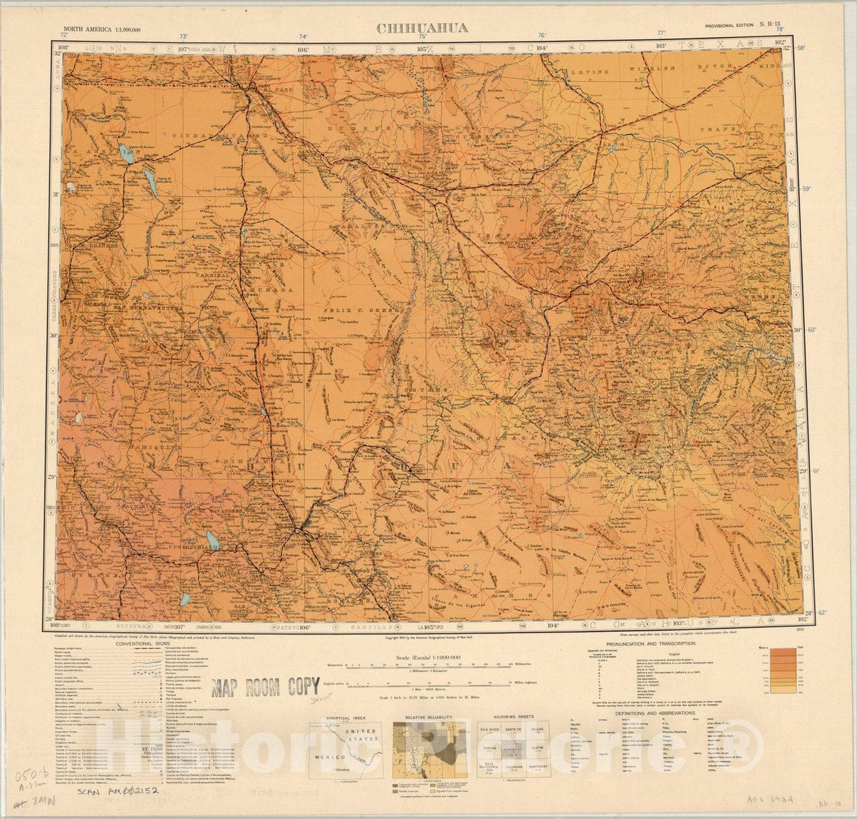 Map : Chihuahua, Mexico 1934 2, Map of Hispanic America, Antique Vintage Reproduction