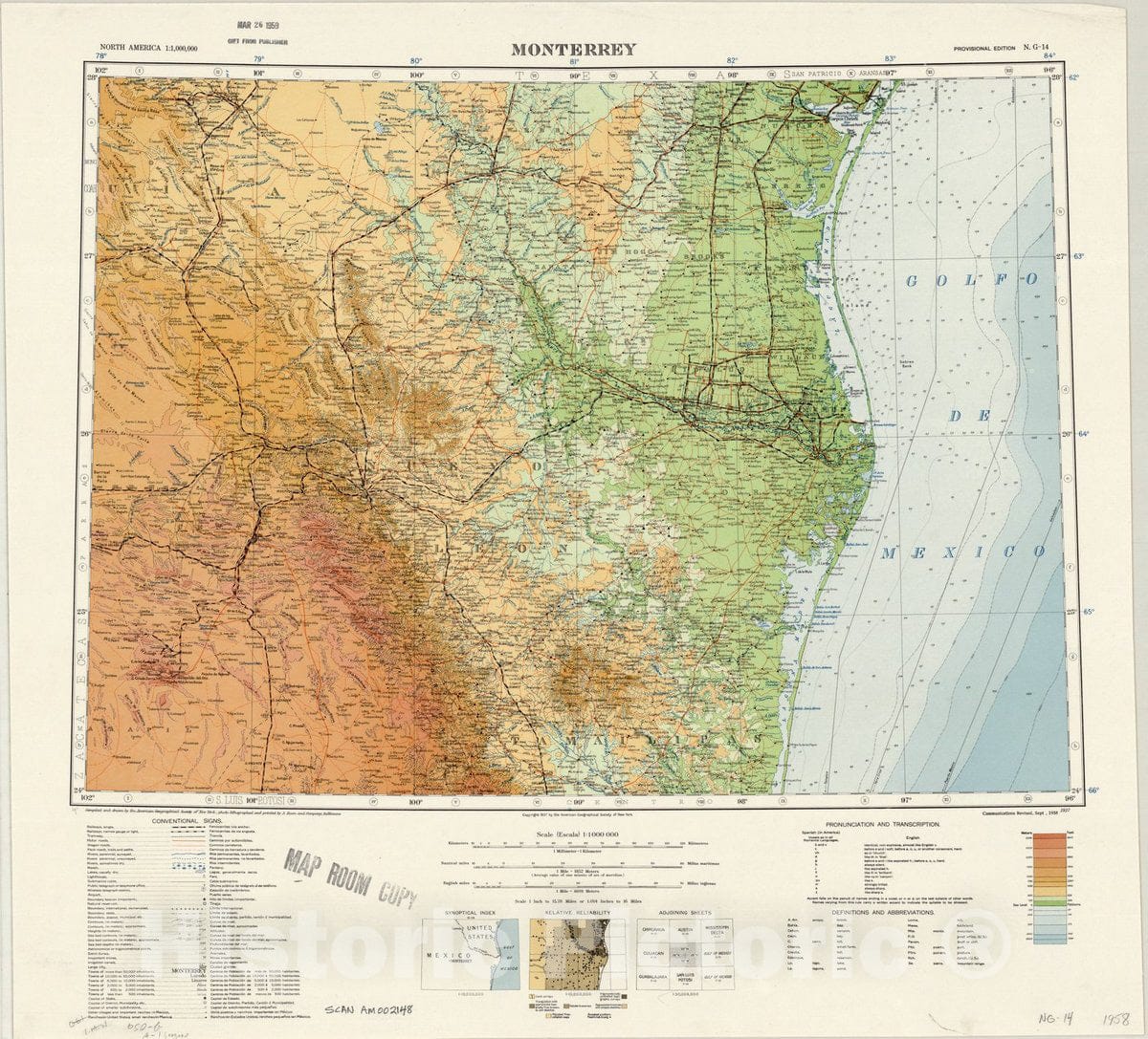 Map : Monterrey 1937, Mexico 1958, Map of Hispanic America, Antique Vintage Reproduction