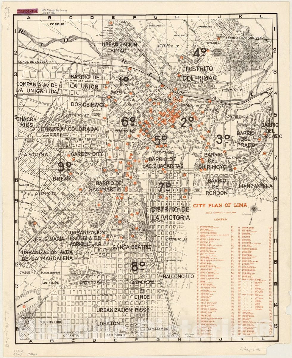 Map : Lima, Peru 1942, City plan of Lima, Antique Vintage Reproduction