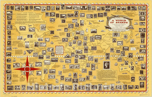 Map : World map 1947, The pictorial map, a world of stamps , Antique Vintage Reproduction