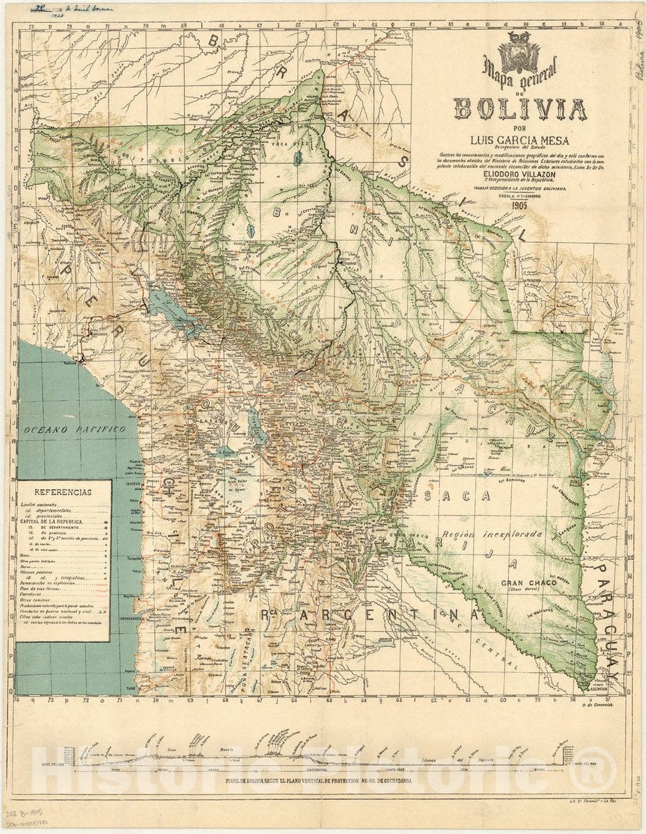 Map : Bolivia 1905, Mapa general de Bolivia , Antique Vintage Reproduction