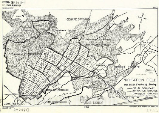 Map : Freiburg im Breisgau, Germany 1944, Irrigation field der Stadt Freiburg i. Breisg. , Antique Vintage Reproduction