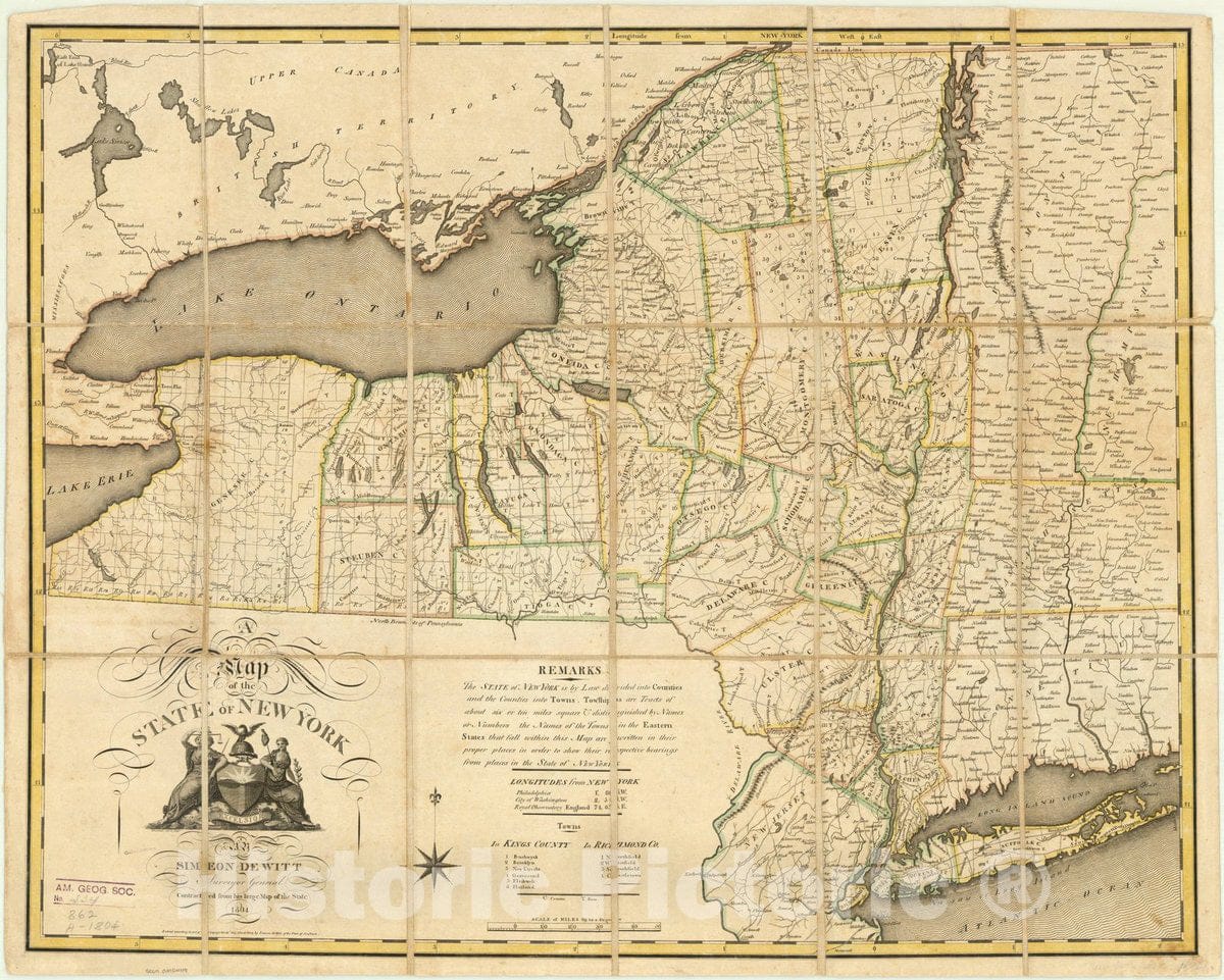Map : New York 1804, A map of the State of New York, Antique Vintage Reproduction