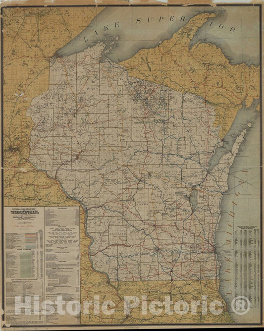 Map : Wisconsin 1908, official railroad map, Official railroad map of Wisconsin, 1908 , Antique Vintage Reproduction
