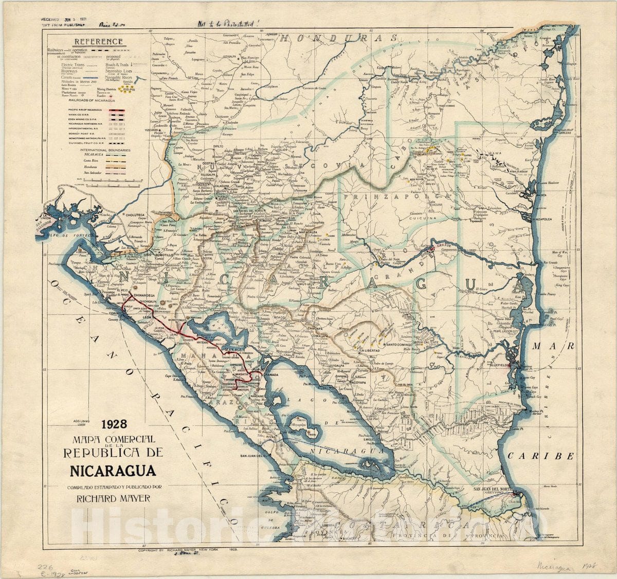 Map : Nicaragua 1928, Mapa comercial de la Repu?blica de Nicaragua , Antique Vintage Reproduction
