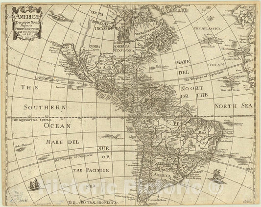 Map : America 1666, Americ descriptio nova , Antique Vintage Reproduction
