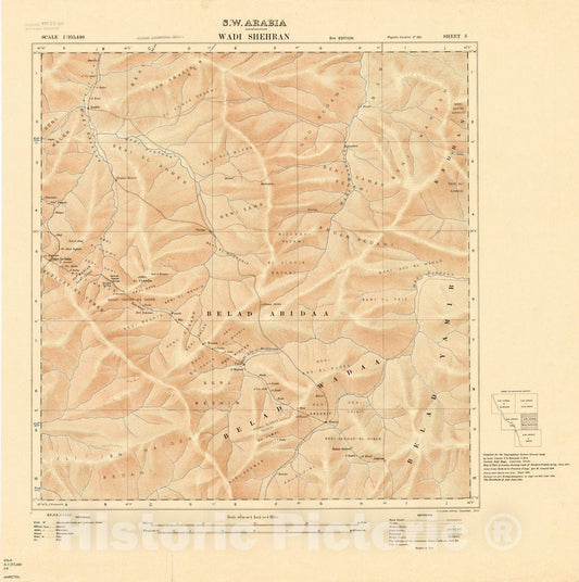 Map : Wadi Sheran, Saudi Arabia 1916, S.W. Arabia : Sheet 5 Wadi Shehran , Antique Vintage Reproduction