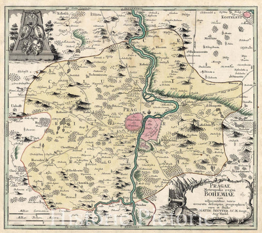 Map : Prague, Czech Republic 1740, Pragae metropolis regni Bohemi?cum adjacentibus terris accurata descriptio geographica , Antique Vintage Reproduction