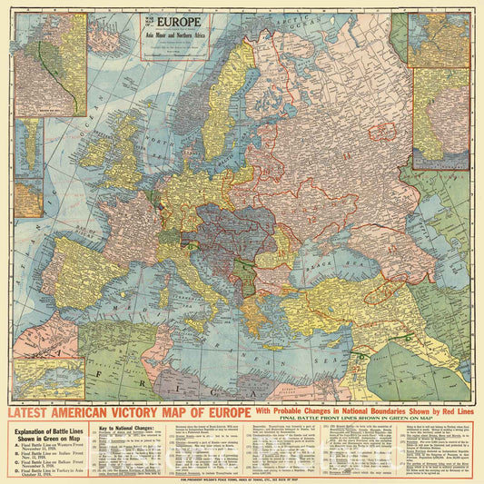 Map : Europe 1918, War map of Europe, Asia minor and northern Africa (except extreme eastern part of Russia) , Antique Vintage Reproduction