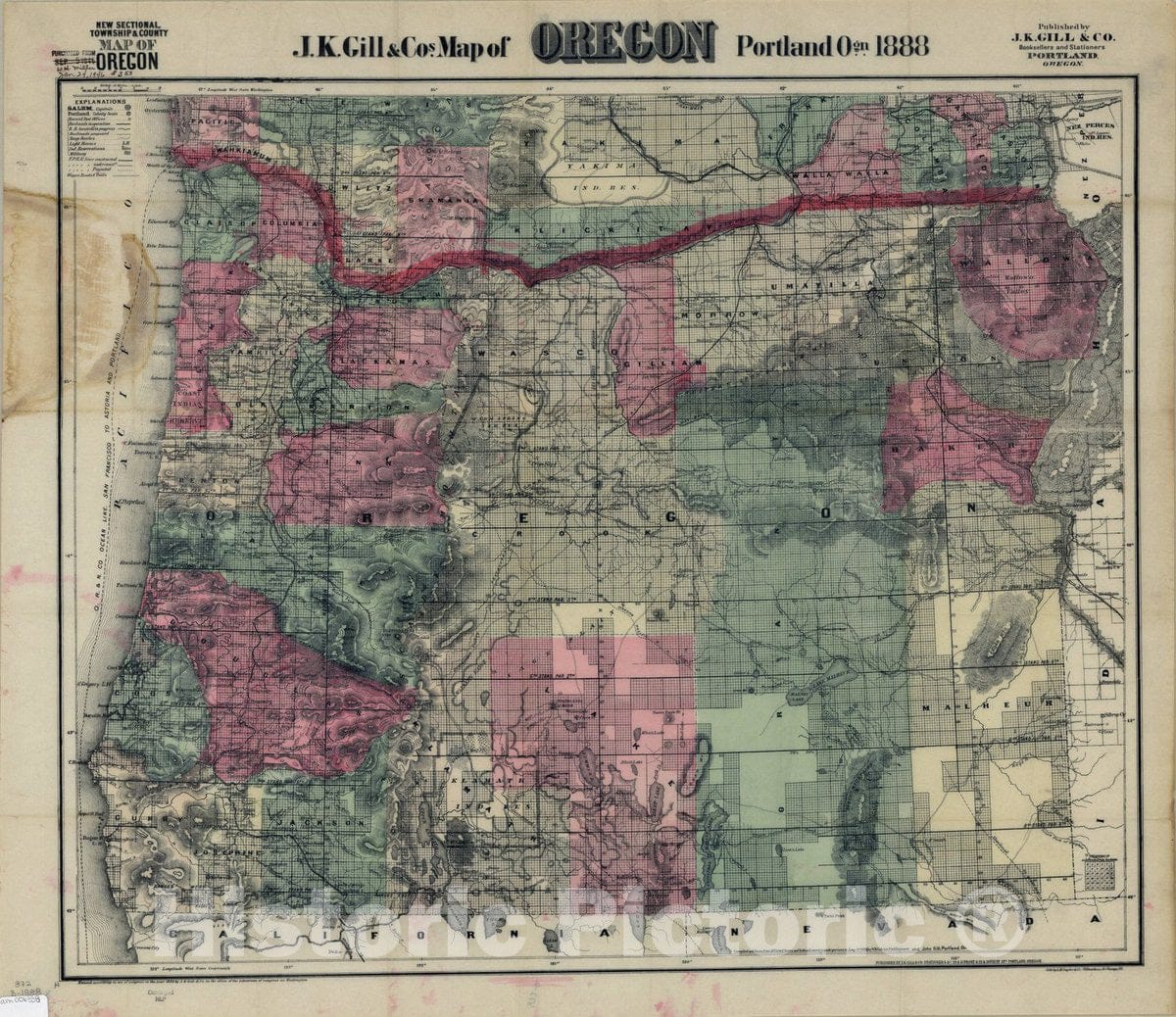 Map : Oregon 1888, J.K. Gill & Co.'s map of Oregon , Antique Vintage Reproduction