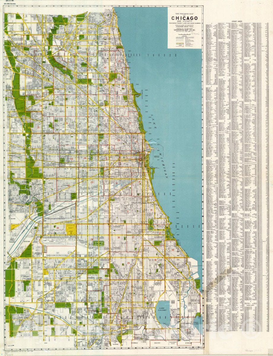 Map : Chicago, Illinois 1956, The Premier map of Chicago and vicinity : featuring transit lines and house numbers , Antique Vintage Reproduction