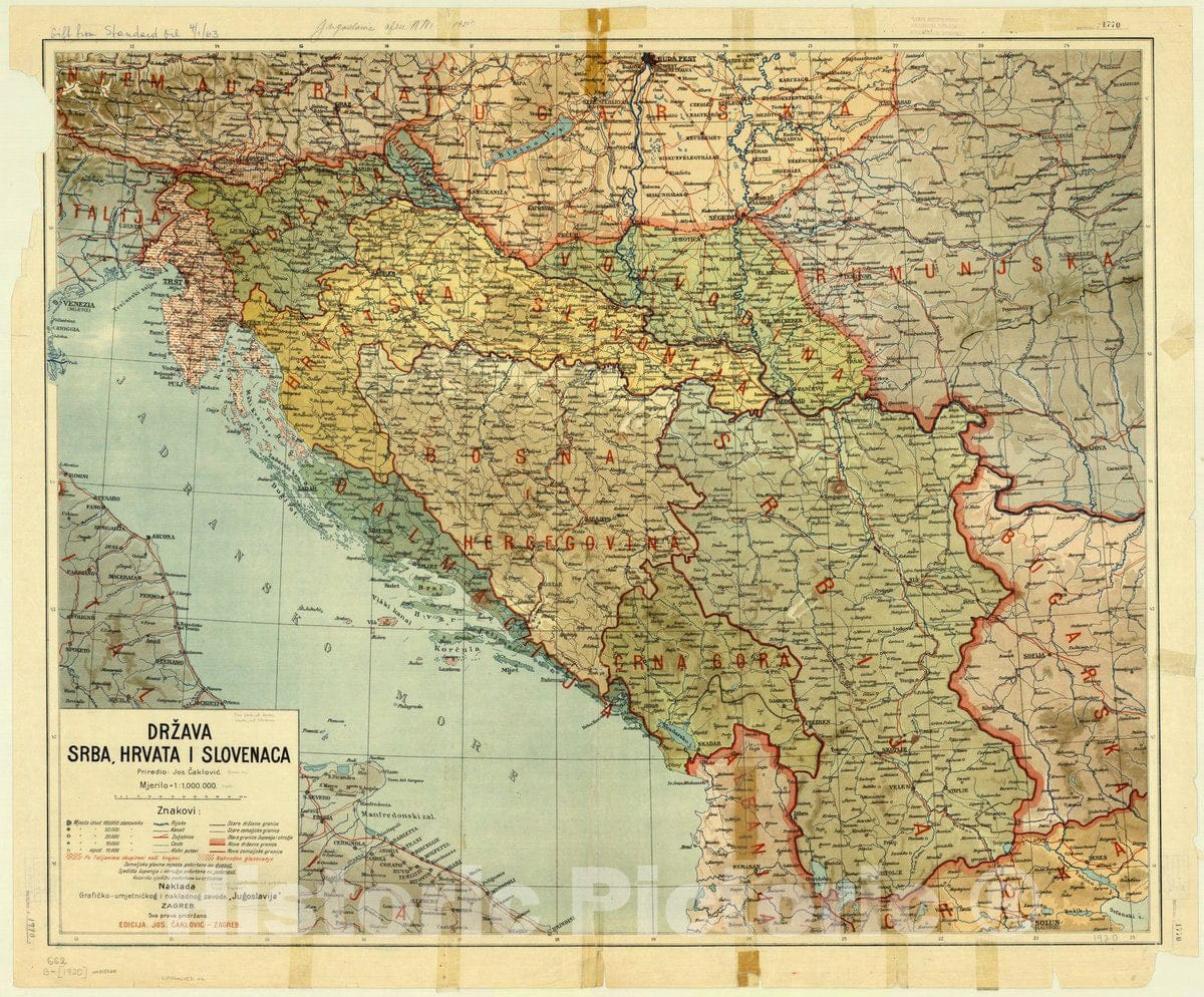 Map : Yugoslavia 1920, Drzava Srba, Hrvata i Slovenaca , Antique Vintage Reproduction