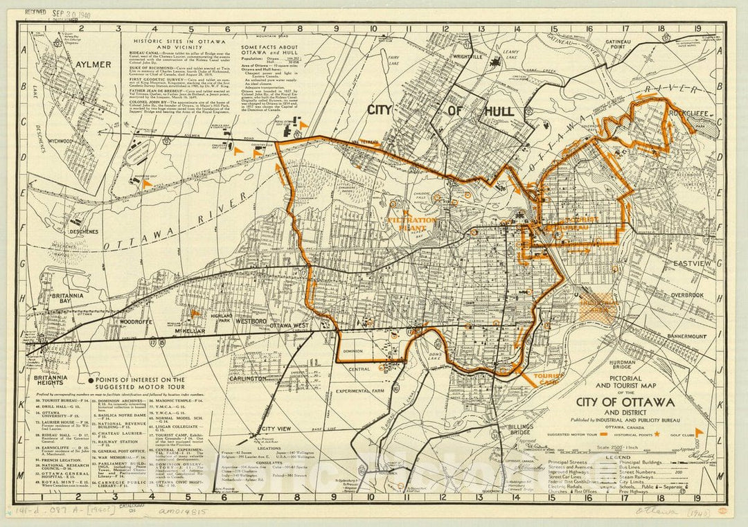 Map : Ottawa, Ontario 1940 1, Pictorial and tourist map of the City of Ottawa and District , Antique Vintage Reproduction