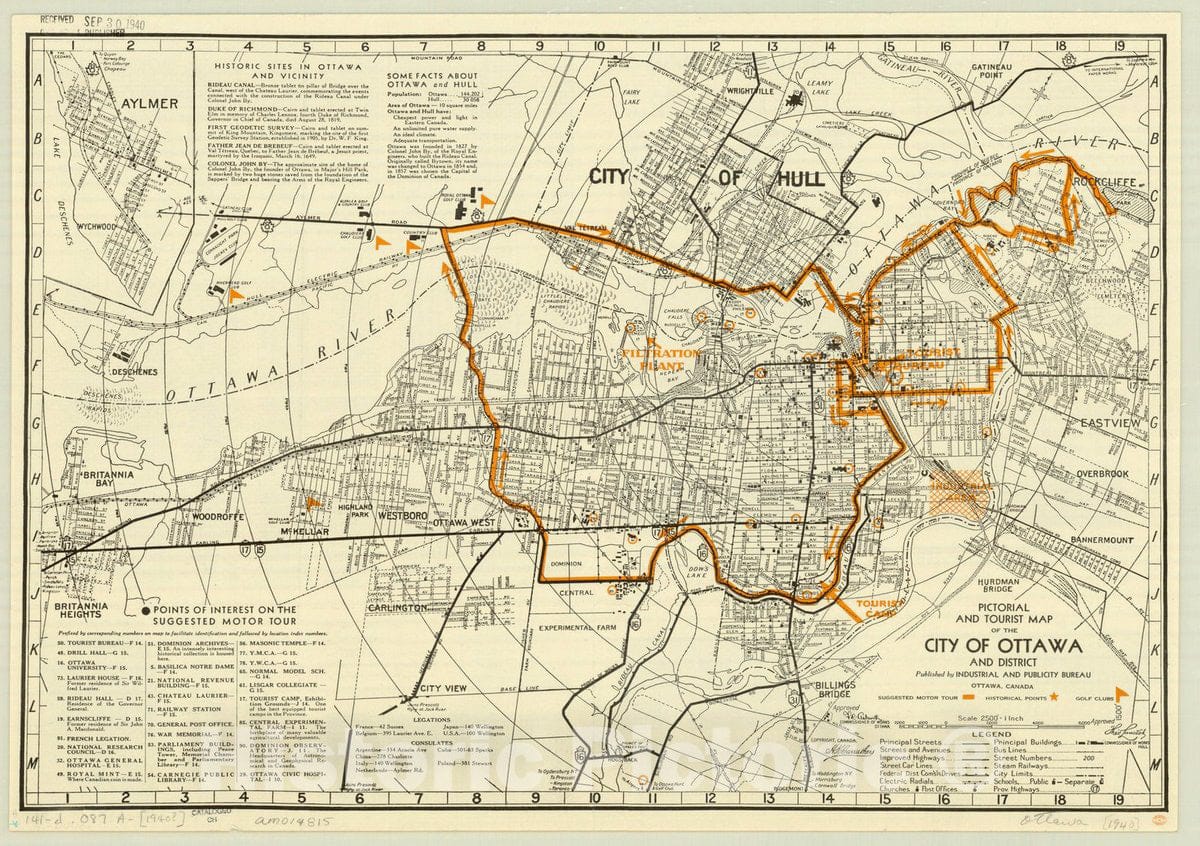 Map : Ottawa, Ontario 1940 1, Pictorial and tourist map of the City of Ottawa and District , Antique Vintage Reproduction