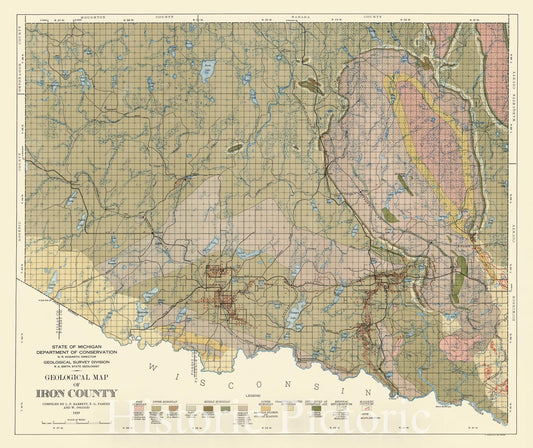 Map : Michigan 1929, Geological map of Iron County, [Michigan] , Antique Vintage Reproduction