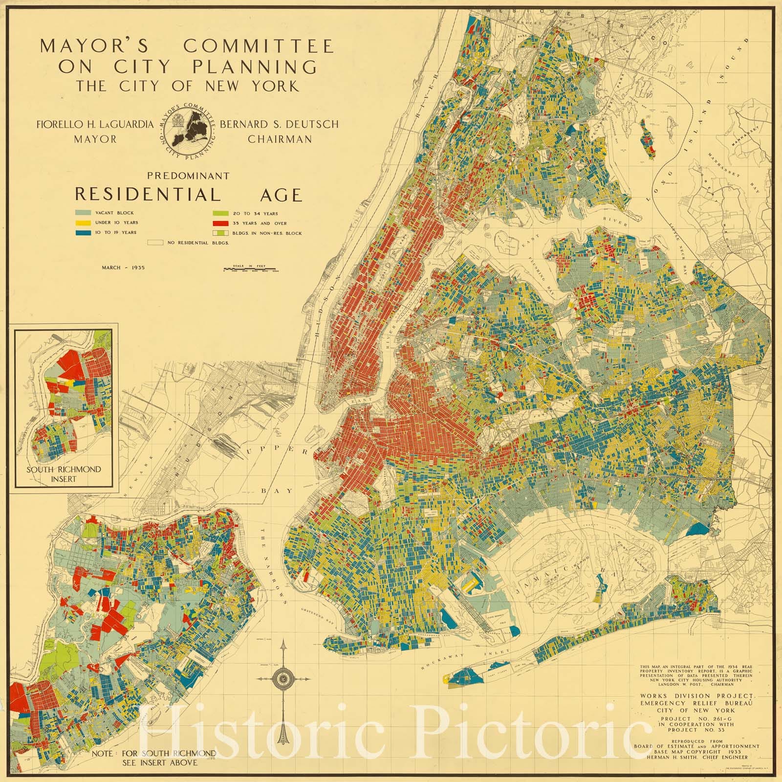 Map : New York City, New York 1935, Predominant residential age , Antique Vintage Reproduction