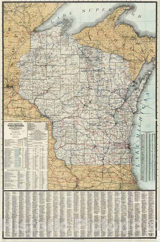 Map : Wisconsin 1912, Official railroad map of Wisconsin , Antique Vintage Reproduction