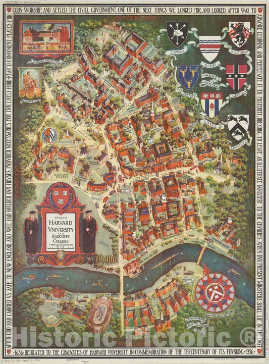 Map : Cambridge, Massachusetts 1936, A prospect of Harvard University and of Radcliffe College, Cambridge, Massachusetts. Designed and drawn by Edwin J. Schruers