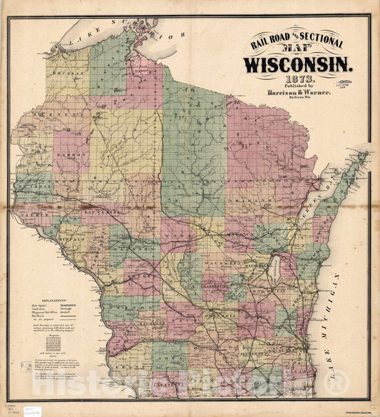 Map : Wisconsin 1873 2, Railroad and sectional map of Wisconsin, 1873 , Antique Vintage Reproduction