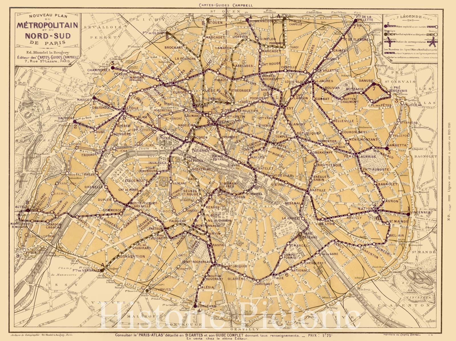 Map : Paris, France 1928, Nouveau plan du Metropolitain et du Nord-Sud de Paris , Antique Vintage Reproduction