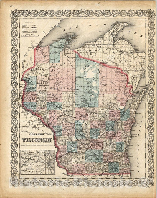 Map : Wisconsin 1855, Colton's Wisconsin , Antique Vintage Reproduction