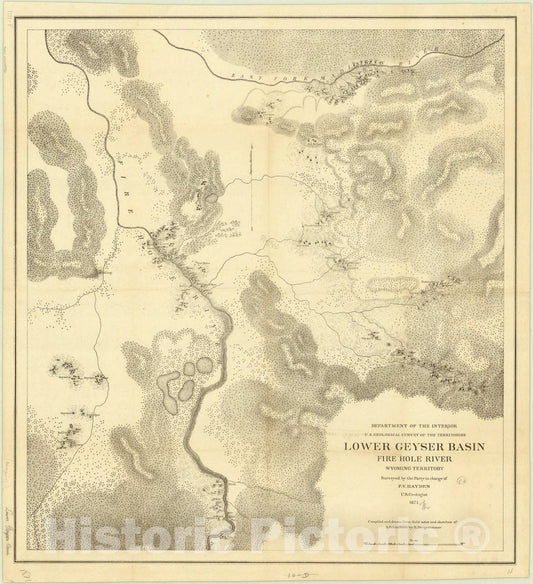 Map : Wyoming 1871, Lower Geyser Basin, Fire Hole River, Wyoming Territory , Antique Vintage Reproduction