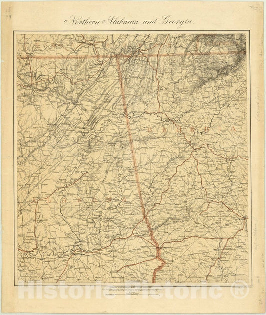 Map : Alabama and Georgia 1864, Northern Alabama and Georgia , Antique Vintage Reproduction