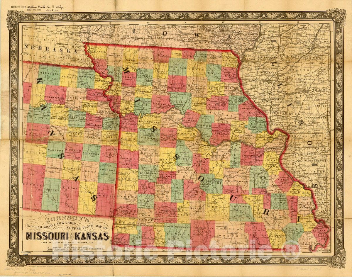 Map : Missouri 1858, Johnson's new rail road & township, copper plate map of Missouri and Kansas from the latest & best information., Antique Vintage Reproduction