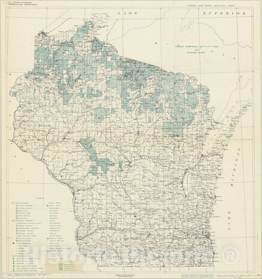 Map : Wisconsin 1937, Forest and park activity map as of December 15, 1937 : [Wisconsin] , Antique Vintage Reproduction