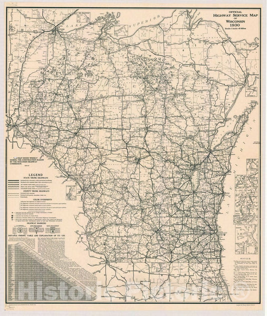 Map : Wisconsin 1930, Official highway service map of Wisconsin, 1930 , Antique Vintage Reproduction